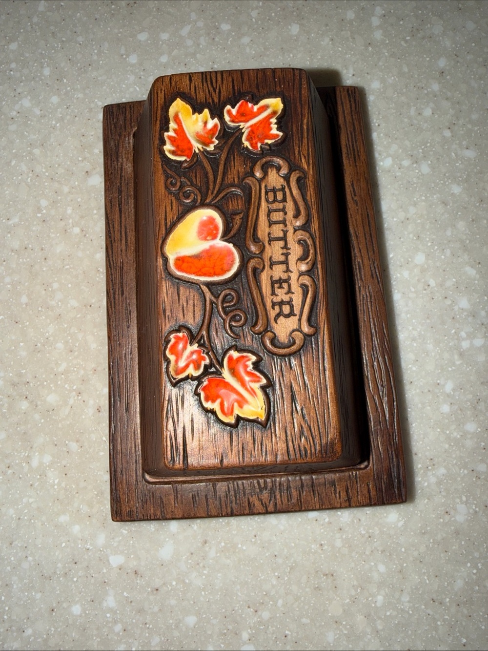 Vintage Treasure craft ceramic Wooden Butter Dish with Autumn Leaf Motif